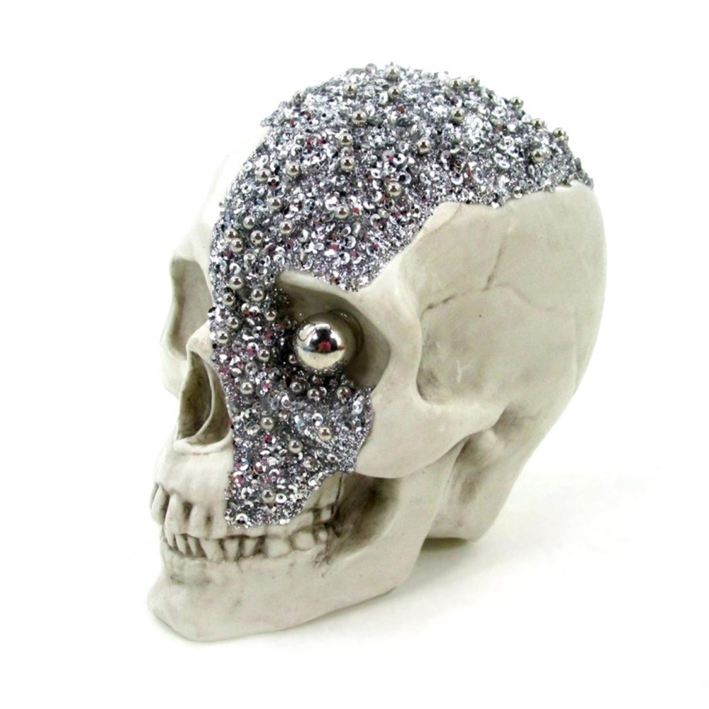 New! Target Bullseye Halloween White Decorative Skull w/silver glitter